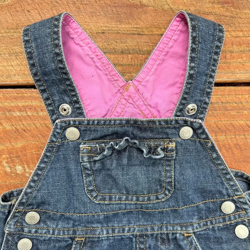 Baby Denim Overall Dress 3-6M Vintage Y2K Ruffle Hem Pink Lined Easter Outfit
